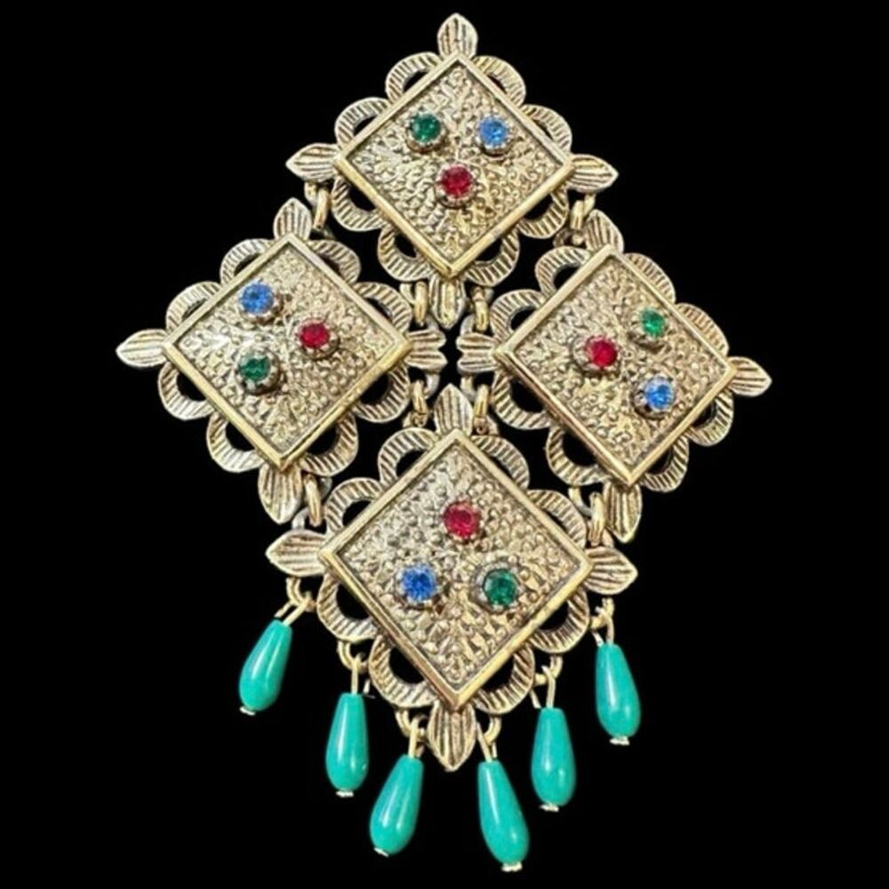 Sarah Coventry Moghul Temple Lights Brooch gold & colorful rhinestones statement